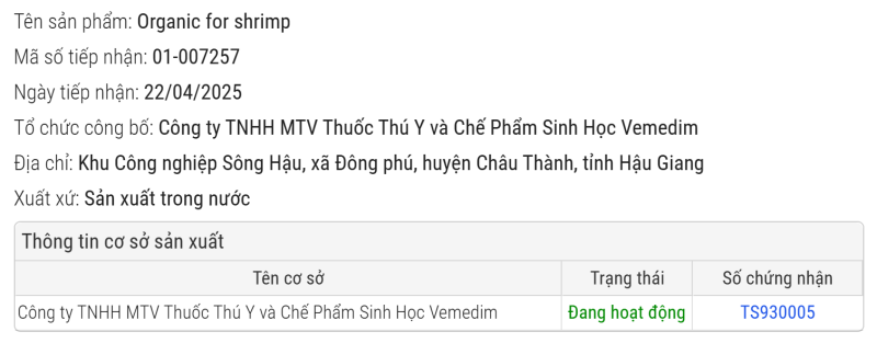 SẢN PHẨM ORGANIC FOR SHRIMP ĐÃ ĐƯỢC CHỨNG NHẬN ĐỦ TIÊU CHUẨN LƯU HÀNH