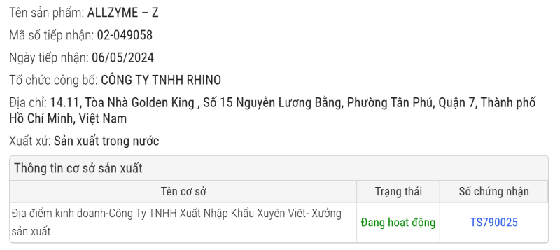 SẢN PHẨM ALLZYME-Z ĐÃ ĐƯỢC CHỨNG NHẬN ĐỦ TIÊU CHUẨN LƯU HÀNH