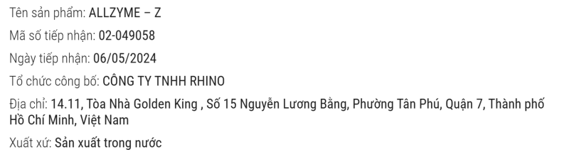 SẢN PHẨM ALLZYME-Z ĐÃ ĐƯỢC CHỨNG NHẬN ĐỦ TIÊU CHUẨN LƯU HÀNH