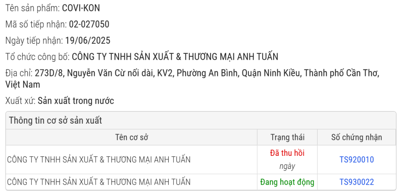SẢN PHẨM COVIKON ĐÃ ĐƯỢC CHỨNG NHẬN ĐỦ TIÊU CHUẨN LƯU HÀNH