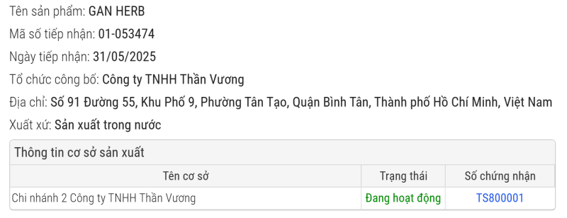 SẢN PHẨM HERB GAN ĐÃ ĐƯỢC CHỨNG NHẬN ĐỦ TIÊU CHUẨN LƯU HÀNH