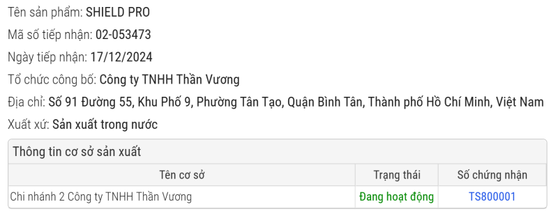 SẢN PHẨM SHIELD PRO ĐÃ ĐƯỢC CHỨNG NHẬN ĐỦ TIÊU CHUẨN LƯU HÀNH
