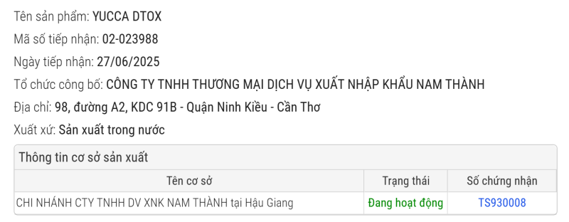 SẢN PHẨM YUCCA DTOX ĐÃ ĐƯỢC CHỨNG NHẬN ĐỦ TIÊU CHUẨN LƯU HÀNH
