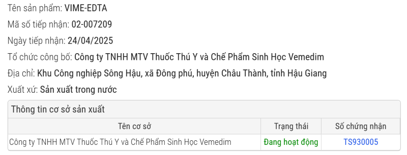 SẢN PHẨM VIME EDTA ĐÃ ĐƯỢC CHỨNG NHẬN ĐỦ TIÊU CHUẨN LƯU HÀNH