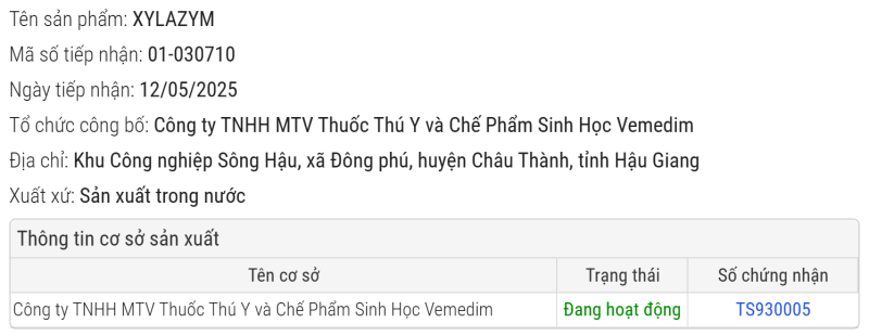 SẢN PHẨM XYLAZYM ĐÃ ĐƯỢC CHỨNG NHẬN ĐỦ TIÊU CHUẨN LƯU HÀNH