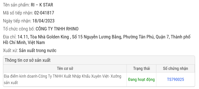 SẢN PHẨM RI-KSTAR ĐÃ ĐƯỢC CHỨNG NHẬN ĐỦ TIÊU CHUẨN LƯU HÀNH