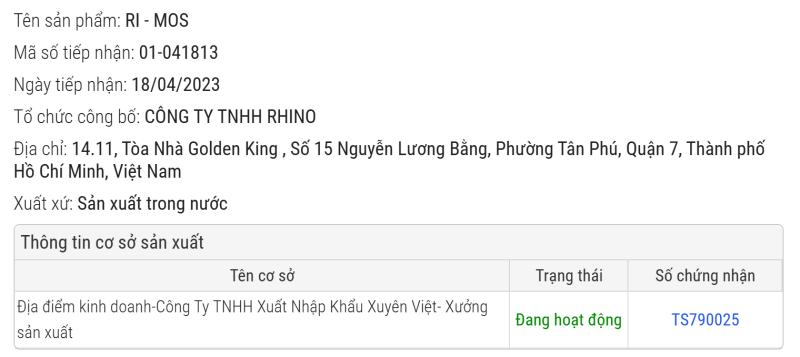 SẢN PHẨM RI-MOS ĐÃ ĐƯỢC CHỨNG NHẬN ĐỦ TIÊU CHUẨN LƯU HÀNH