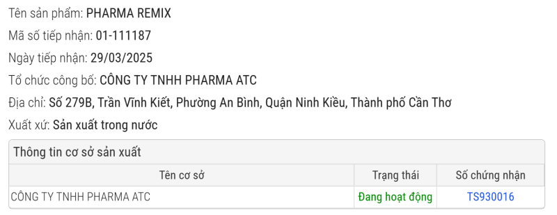 SẢN PHẨM PHARMA REMIX ĐÃ ĐƯỢC CHỨNG NHẬN ĐỦ TIÊU CHUẨN LƯU HÀNH
