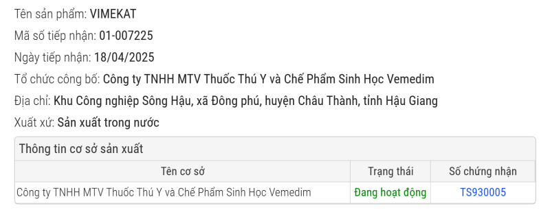 SẢN PHẨM VIMEKAT ĐÃ ĐƯỢC CHỨNG NHẬN HOẠT ĐỘNG HỢP PHÁP