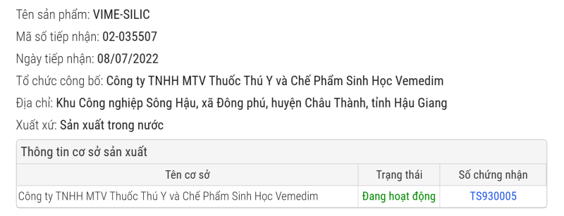 SẢN PHẨM VIME SILIC ĐÃ ĐƯỢC CHỨNG NHẬN HOẠT ĐỘNG HỢP PHÁP