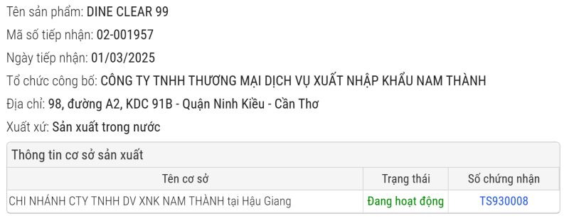 SẢN PHẨM DINE CLEAR 99 ĐÃ ĐƯỢC CHỨNG NHẬN ĐỦ TIÊU CHUẨN LƯU HÀNH